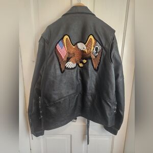 Jafrum Motorcycle Gear Black Leather Coat With Eagle Patch Mens 56